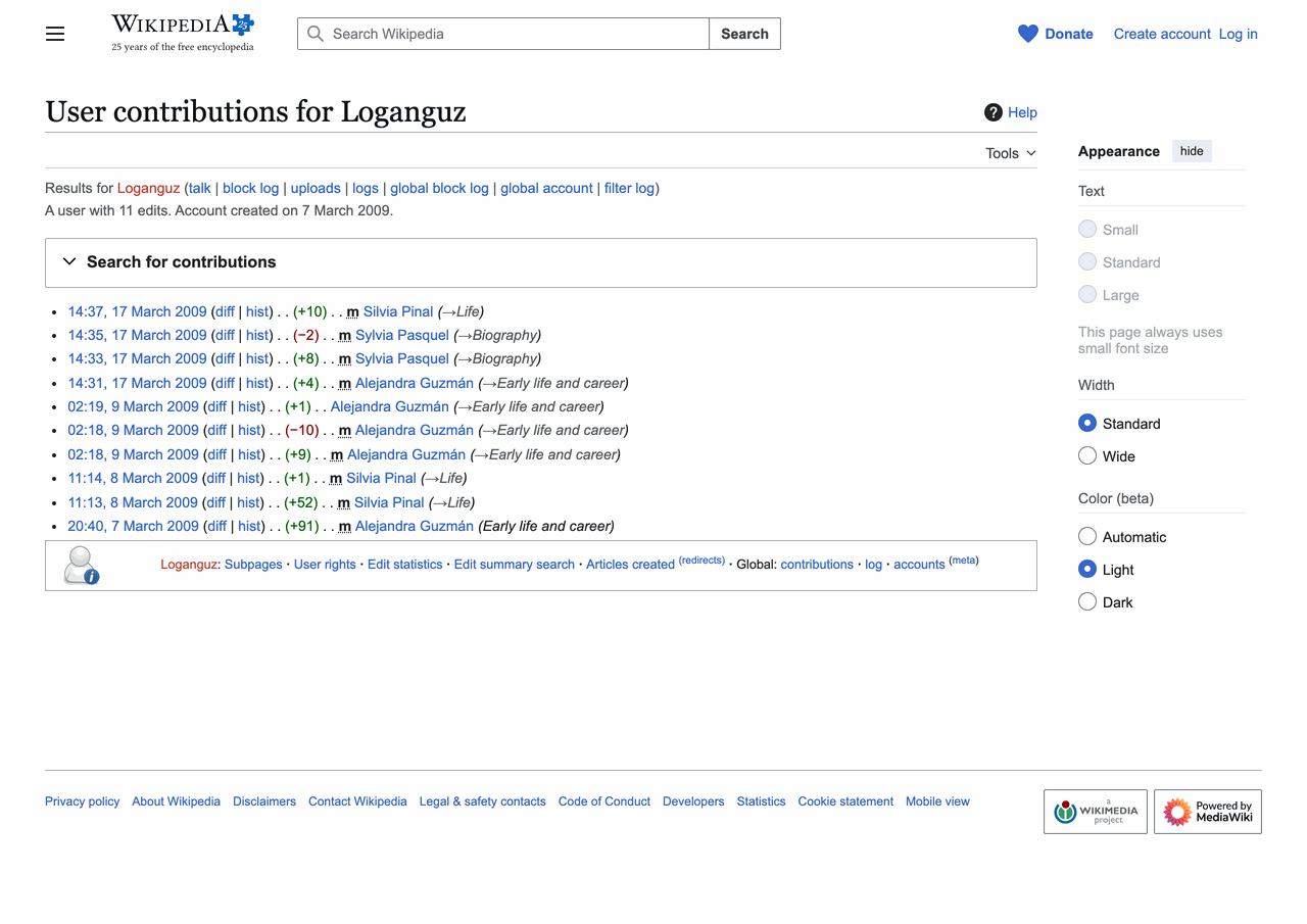 Wikipedia Special:Contributions page for user Loganguz, showing 11 edits to Silvia Pinal, Alejandra Guzmán, and Sylvia Pasquel articles between 7 and 17 March 2009, with no other activity.